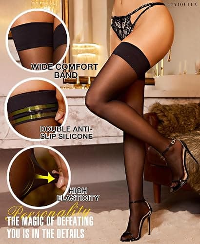 Loviqueen Lace Top Thigh High Stockings for Women – Silky Sheer Stay Up Hosiery with Silicone for Daily Wear & Date Night thumbnail 3