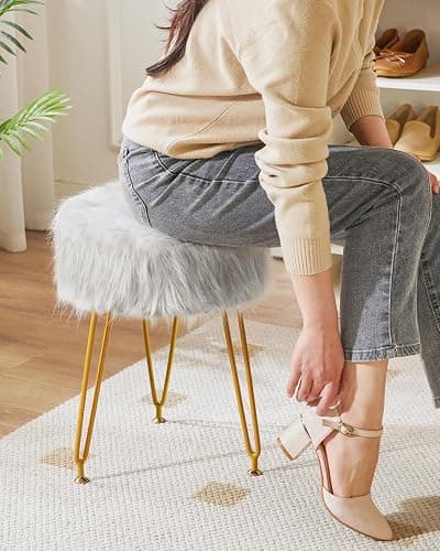 IBUYKE Faux Fur Vanity Stool Chair, Furry Makeup Stool Ottoman, Soft Padded Seat, Round Footrest Footstools with 4 Metal Legs, for Living Room Bedroom Entryway, Gray LG-32G - without storage - Grey thumbnail 6