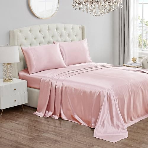 Juicy Couture Twin XL Size Satin Bed Sheet Set, Deep Pocket Silky Twin XL Sheet Set with 1 Fitted Sheet, 1 Flat Sheet, 1 Pillow Case, Wrinkle Resistant and Anti Pilling Bed Sheets - Pink - Image 1