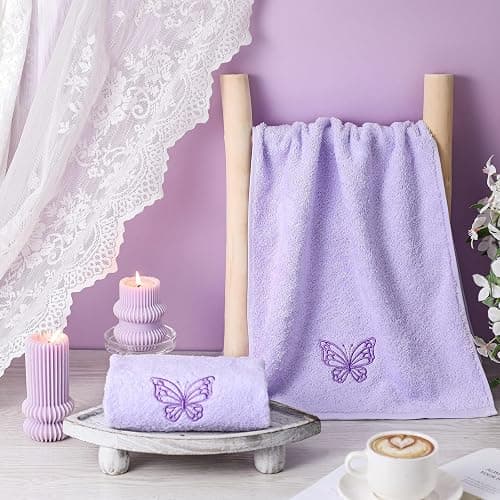 SmoothNovelty 2 Pcs Butterfly Hand Towels Purple Bathroom Decor 14x29 Inch | Embroidered Bathroom Hand Towels, 100% Cotton, Soft Absorbent, Purple Butterfly Bathroom Kitchen Decor thumbnail 2