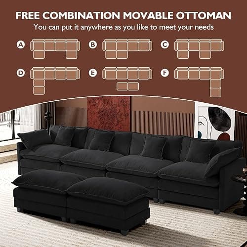 Ihanherry U-Shaped Modern Sofa 146" Modular Sectional Cloud Couch with 2 Ottoman, 6-Seat Chenille Deep Seat Sofa with 6 Pillows for Living Room, Black thumbnail 7