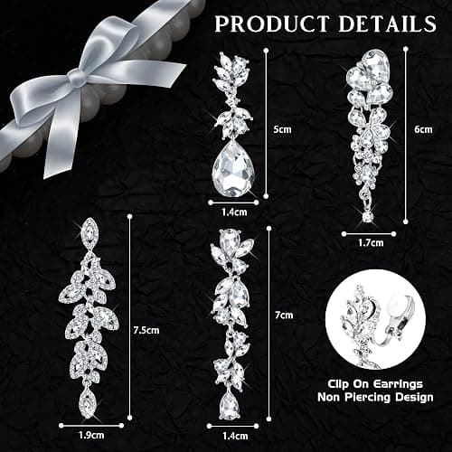 Jstyle 4 Pairs Silver Clip on Earrings for Women Elegant Rhinestone Clip on Earrings Dangle Drop for Brides Bridesmaids Non Pierced Earrings Set thumbnail 6