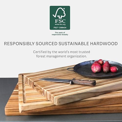 Teakhaus Cutting Board - Small (S) Wood Cutting Board with Juice Groove and Grip Handles - 16”L x 12”W - Thin, Lightweight, Reversible Teak Edge Grain Wood - Knife Friendly - FSC Certified thumbnail 5