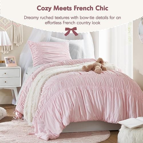 Intelligent Design Twin Comforter Set Ruched Shabby Chic Comforters for Twin Size Bed, All Season Lightweight Comforter Twin, French Country Bedding Set, Sham, Ella, Twin/Twin XL Pink, 2 Piece thumbnail 2