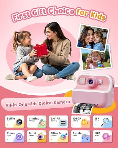 Instant Camera, Front Rear Dual Selfie Kids Camera with 1080P Videos, Holiday Birthday Gifts for Kids Age 3-12, Toddler Portable Travel Print Digital Camera Toy for 4 5 6 7 8 9 Year Boys Girls - Pink thumbnail 2