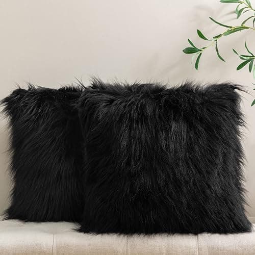 Phantoscope Pack of 2 Faux Fur Solid Throw Decorative Pillow Cover Cushion Covers Luxury Soft Halloween Decorative Pillowcase Fuzzy Pillow Covers for Bed/Couch, Black 18 x 18 Inches thumbnail 3