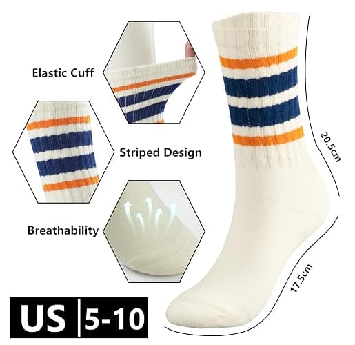 BomKinta Striped Crew Socks Women - Retro Novelty Socks - Stretchy Casual Athletic Cotton Gifts Sock Size 5-10 thumbnail 5