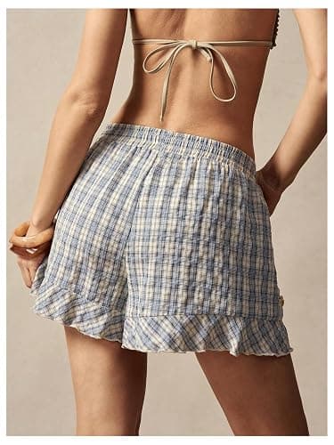 MakeMeChic Women's Boho Floral Lace Shorts Plaid Elastic Waist Ruffle Short | Shorts for Women, Summer Casual Beachwear, Going Out Pants, Loungewear thumbnail 3
