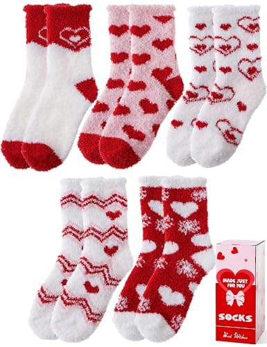 Womens Fuzzy Socks Warm Fluffy Cozy Winter Slipper Thick Fleece Heart Socks 5 Pairs - Image 1