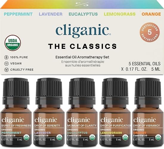Cliganic Organic Essential Oils Set (Top 5 - The Classics) - 100% Pure Natural - Aromatherapy, Candle Making - Peppermint, Lavender, Eucalyptus, Lemongrass & Orange - Image 1