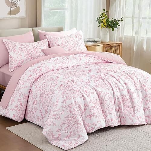WONGS BEDDING King Size Comforter Set, 8 Pieces Pink Floral Bed in a Bag Comforter Sets, Botanical Print Soft Fluffy Microfiber Complete Bedding Sets for All Season (90"x104") thumbnail 2