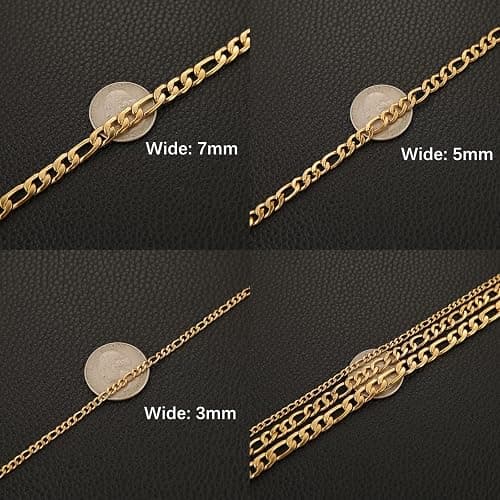 HZMAN Men Women 24k Real Gold Plated Figaro Chain Stainless Steel Necklace, Wide 3mm 5mm 7mm 9mm thumbnail 3