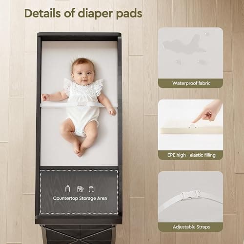 Yetom Changing Table, 6-Drawer Baby Dresser with Changing Table top,Waterproof Diaper Changing Station & Pad, 2 Height-Adjustable Open Storage Shelves, Mobile Nursery Organizer, Black thumbnail 5
