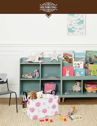 HUNRUNG Rectangle Canvas Storage Basket Foldable Waterproof Toy Organizer Bin with Handles Fabric Collapsible Storage Bins for Shelves Kids Room Playroom Nursery Clothes and Pet Supplies(REC-Pink Paw) thumbnail 7