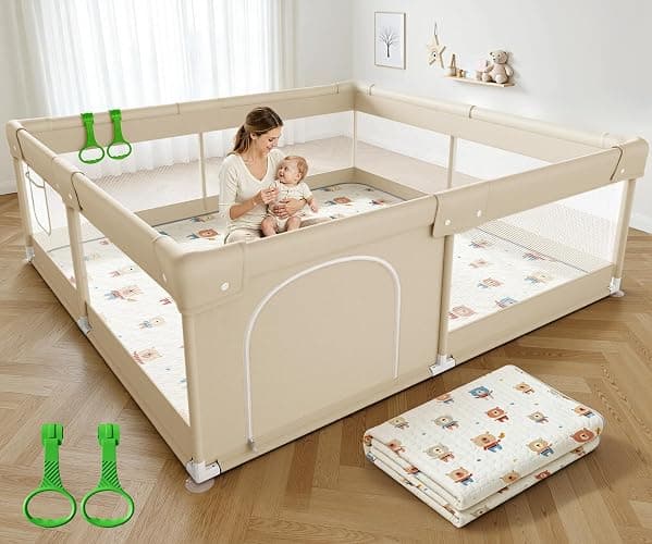 ZEEBABA Baby Playpen with Mat, 47x47in Beige for Babies & Toddlers | Machine Washable PlayMat cuts tedious scrubbing, Suction frame stops kid shifting, Outer zipper opens only externally - Image 1