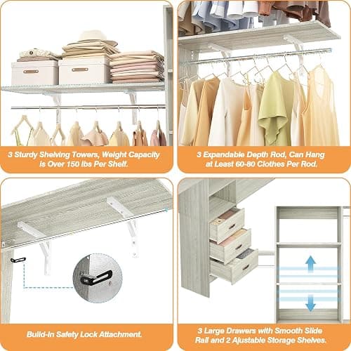 Armocity 96 Inches Closet System, 8FT Walk In Closet Organizer with 3 Shelving Towers, Heavy Duty Clothes Rack with 3 Drawers, Built-In Garment Rack, 96"L x 16"W x 75"H, Load 1000 LBS, White Oak thumbnail 6