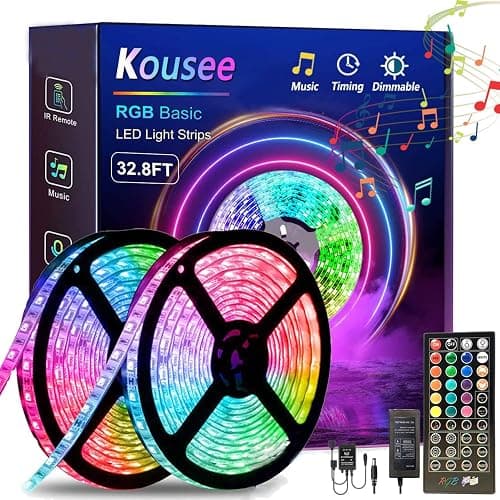 Kousee LED Strip Lights 32.8FT, IP65 Waterproof LED Lights Strip with Music Remote Control, 5050RGB Color Changing Light Strip, Easy Installation LED Lights Strip for Bedroom, Ceiling, Kitchen - Image 1