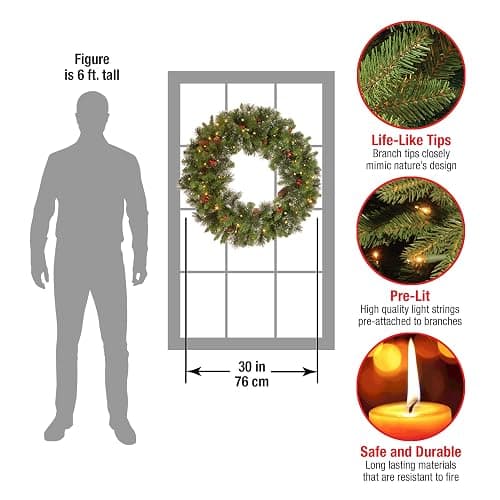 National Tree Company Pre-Lit Artificial Christmas Wreath, Green, Carolina Pine, White Lights, Decorated with Pine Cones and Glitter, Berry Clusters, Christmas Collection, 30 Inches | 70 Clear Lights, 200 Tips, Artificial Christmas Decoration With Glitter, Pinecones, Red Berries, Green thumbnail 5