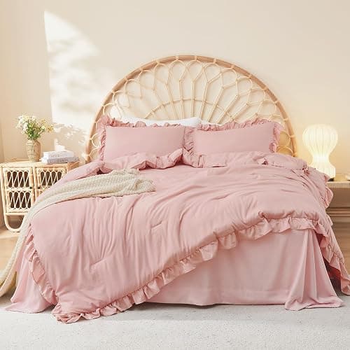 Litanika Full Size Comforter Sets, 3 Pieces Blush Pink Ruffle Girls Women Cute Bedding Comforters & Sets, Lightweight Fluffy Microfiber as Gift (79x90In Comforter & 2 Pillowcases) thumbnail 2