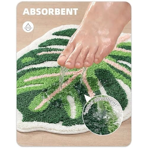 Sisher Cute Monstera Bath Mat,Green Leaf Bath Mat,Non Slip,Soft,Absorbent,Machine Washable for Bathroom Bathtub Rugs,Toilet,Kids Room,Bedroom,Monstera Leaf Rug(21"X26") thumbnail 6