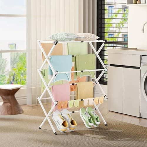 CEHIFIA Foldable Clothes Drying Rack - 3-Tier Laundry Drying Rack, Collapsible Metal Indoor Airer, Portable X-Type Clothing Dryer with Shoe Hanger for Home & Balcony (No Assembly Required) thumbnail 2