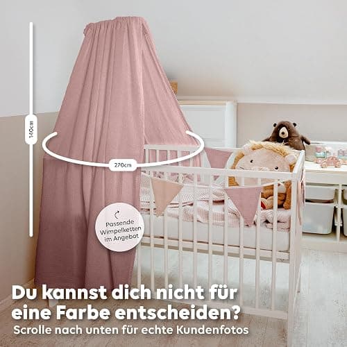 lilimaus Betthimmel Babybett [in 12 Farben] Himmel Babybett aus 100% Baumwolle Musselin - Betthimmel Mädchen & Jungen - Himmelbett Vorhänge als Kinderzimmer & Babyzimmer Deko - Baby Bett Vorhang - Puderrosa - ohne Himmelstange thumbnail 5