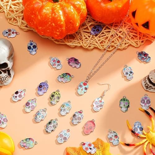 Hicarer 62 Pcs Sugar Skull Charms for Jewelry Making Halloween Enamel Charms Dia De Los Muertos Flower Skull Pendants for Necklaces Bracelets Earring Crafts(Chic Style) thumbnail 5