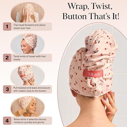 Kitsch XL Microfiber Hair Towel Wrap for Women – Ultra Absorbent Microfiber Towel for Wet, Curly, Long or Short Hair – Quick Dry, Anti-Frizz Hair Wrap – Cherry Print, 40x24 inches thumbnail 7
