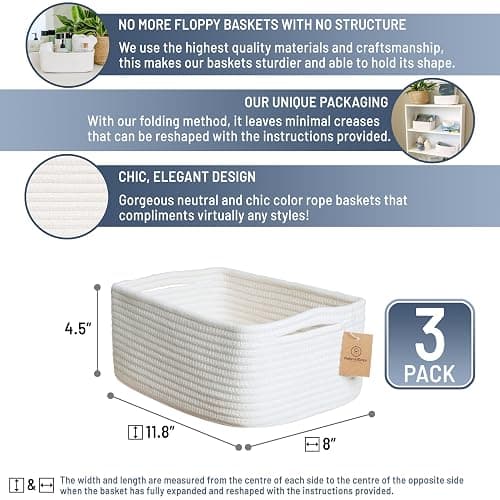 NaturalCozy 11.8"x8"x4.5” Storage Baskets for Shelves 3 Pack | Cotton Rope Woven Small Baskets for Organizing | Small Storage Bins for Nursery, Bathroom, Closet, Cube Shelf, Decorative, Gift Basket thumbnail 3