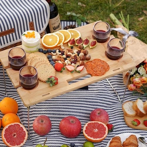 Panier de pique-nique en osier pour 4 ou 4 personnes - Kit de pique-nique en osier avec couverture, table portable en bambou pour le camping et les fêtes en plein air thumbnail 4
