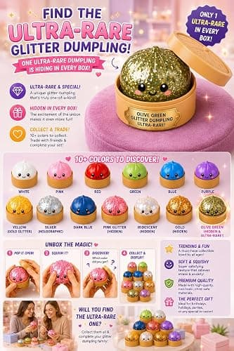 Glitter Squishy Dumpling Set with Bamboo Steamer Box, Multiple Random Colors for Adults Collection，Full Set Glitter Squishy Dumpling Collectible Pack with Steamer Box thumbnail 4
