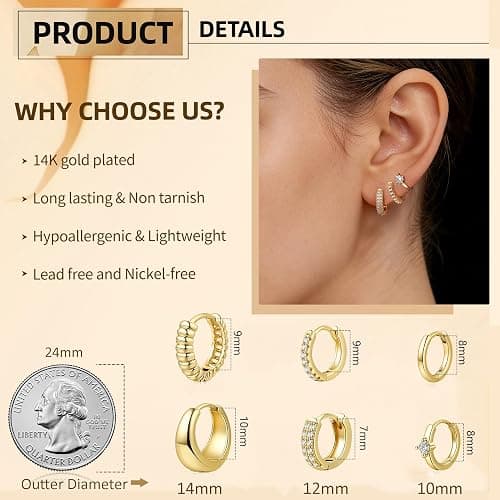 ALLHOLA 6 Pairs 14K Gold Plated Hoop Earrings for Women Hypoallergenic Small Huggie Hoops Earring Set for Sensitive Ears Non Tarnish Trendy Chunky Gold/Silver Earrings Cartilage Stacks for Multiple Piercing Jewelry Lightweight thumbnail 6