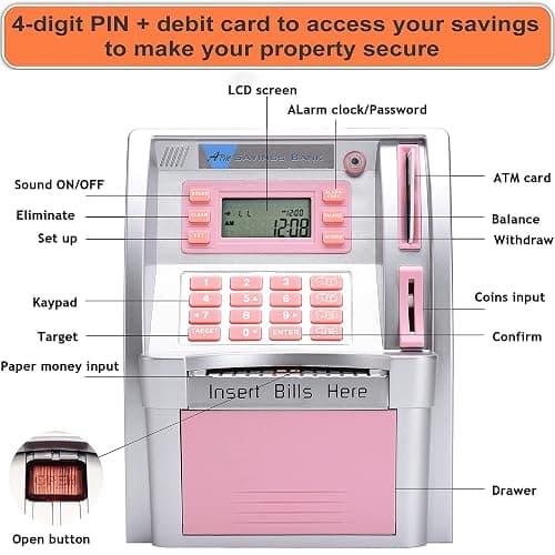 YaBao Pounds Version Electronic ATM Savings Bank Digital Piggy Money Bank Machine,Electronic Cash Box with Debit Card,Password Login,Voice Prompt,Coin Recognition,Targets Setting (Silver/Pink) thumbnail 3