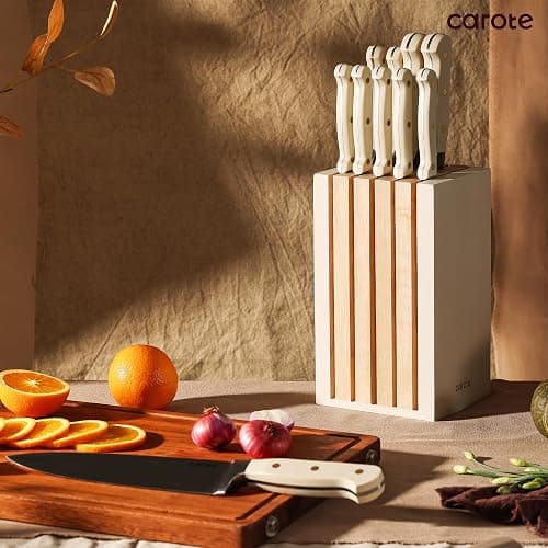 CAROTE 11 Pieces Knife Set with Block for kitchen, Stainless Steel Razor-Sharp Blade, Triple Riveted Ergonomic Handle, Wooden Magnetic Block, Essential Knife Block Set, Beige thumbnail 8
