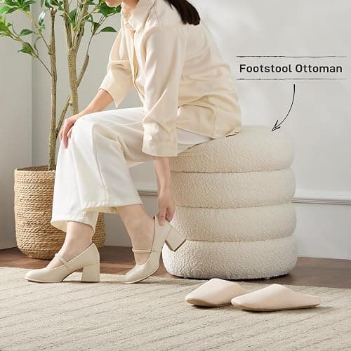 Krcix Round Ottoman with Storage Boucle Ottoman Stool with Storage Removable Lid for Living Room Modern Vanity Sorage Stool Foot Rest Bedroom Dorm Gift Set of 1 (White) thumbnail 5