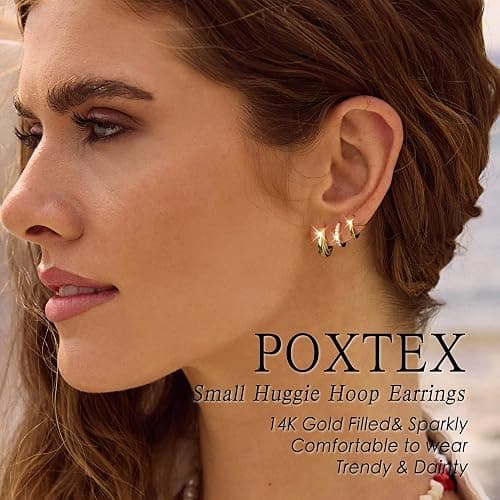 Poxtex Small Sterling Silver Huggie Hoop Earrings Set for Women, Hypoallergenic 14K Gold Plated Hoops Stacks for Multiple Piercings, Dainty Cute Mini Lightweight Cartilage Studs Trendy Jewelry Gift thumbnail 2