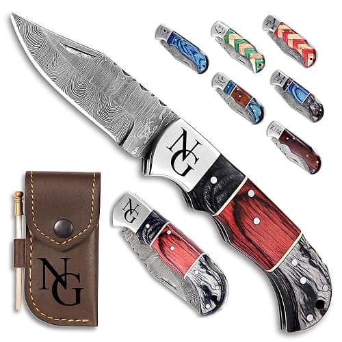Motiwear Personalized Damascus Folding Pocket Knife, Leather Sheath, | Authentic Damascus steel | Custom laser engraving | Handcrafted leather sheath with belt loop & rod | For EDC & hunting - Image 1