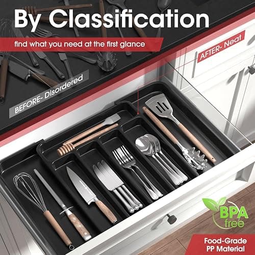 Aujen Silverware Organizer - Expandable Kitchen Drawer Organizer, Adjustable Utensil Organizer, Cutlery Tray for Forks, Knives, Multipurpose Kitchen Organizers and Storage Solution, Black, Medium thumbnail 3