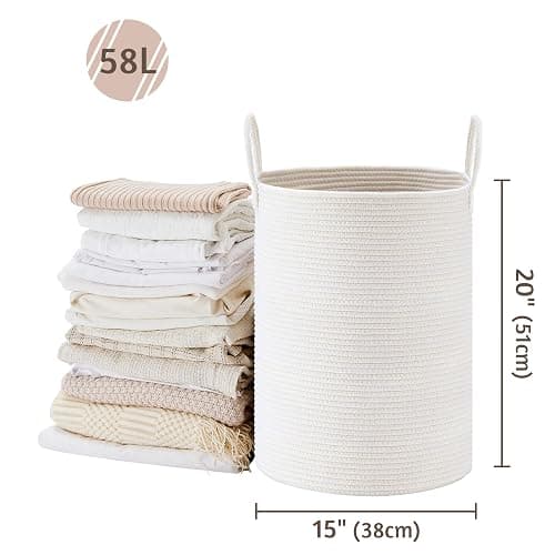 VIPOSCO 58L Tall Woven Laundry Basket Hamper, White | Cotton rope basket, collapsible wicker hamper, panier a linge, storage for gift, blanket, dirty clothes, for bathroom thumbnail 2