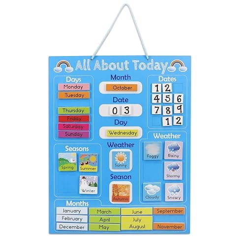 Navaris Kids Magnetic Calendar - Early Years Learning - Weather, Date, Month, Day, Season Educational Chart for Children - Kids Wall Board - Blue - Image 1