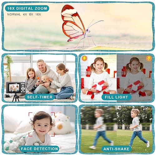 Digital Camera, Camera for Kids, UHD 4K 48MP Point and Shoot Digital Cameras with 64GB SD Card and 16X Digital Zoom Anti Shake, Compact Portable Small Gift for Boys Girls Students, Black thumbnail 3