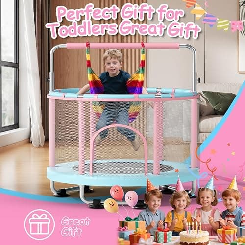 55" Toddler Mini Trampoline for Kids, Indoor Outdoor Toys with Swing, 440lbs Baby Kids Trampoline, Gymnastics Bar, Birthday Gifts for Boy Girl Age 1-8 thumbnail 9