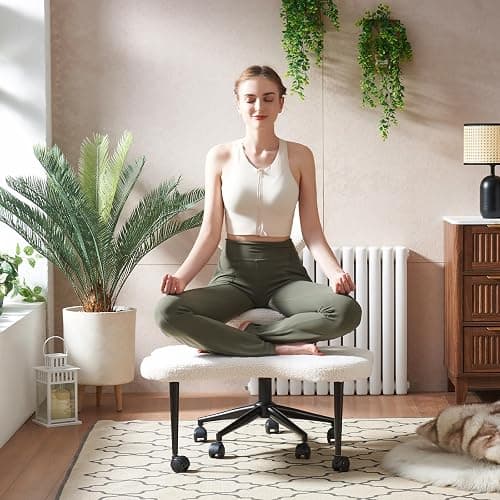 Pinmoco Ergonomic Cross Legged Chair, 360° Swivel Meditation Chair with Wheels, Height Adjustable Seat for ADHD, Strong Lumbar Support, Chic Home Office Furniture, Teddy Fabric, Off White thumbnail 8