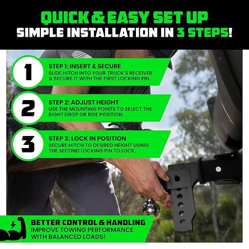 Rhino USA Adjustable Trailer Hitch (Fits 2-Inch Receiver) - Heavy Duty Aluminum Tow Hitches with 6-Inch Drop/Rise for Truck (12,500 LBS GTW) - Weatherproof Double Anti-Theft Locking Hitch Pins (Black) thumbnail 7