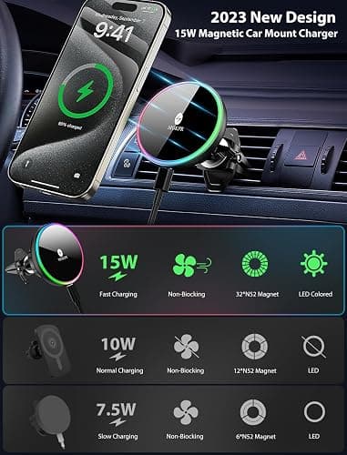 MOKPR for Magsafe Car Mount Charger-15W Wireless Car Charger-Magnetic Car Phone Holder for Dash Air Vent-LED RGB HandsFree Car Mount Fast Car Charger for iPhone 14/13/12 Series thumbnail 8