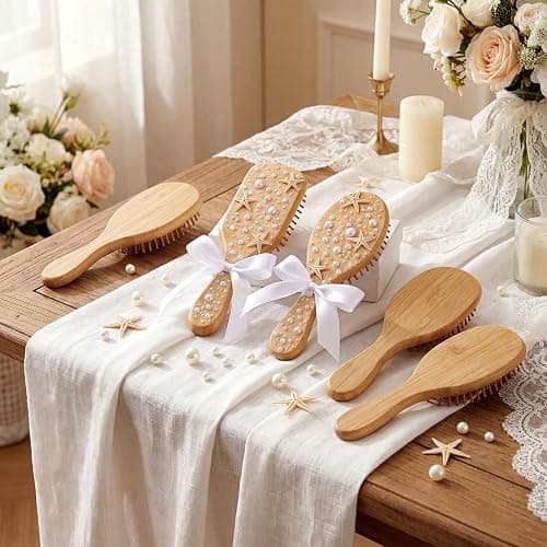 Acellegic 12 Set DIY Wooden Hairbrush Kits Bulk Bamboo Pearl Starfish Crafts for Hair Brush Make Your Own Hand Stick Night Party Gift Wedding Birthday Supplies with Point Pen Glue Lace(Classic Style) thumbnail 3