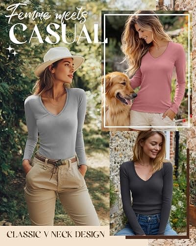 Riyiper 3 Pack Women Long Sleeve Shirts, 95% Cotton V Neck Ribbed Knit Tops Slim Fit Casual Going Out Tee Shirts thumbnail 4