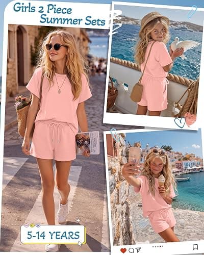 JoyMotion Girls 2 Piece Summer Outfits 5-14y Kids Short Sleeve T-shirt Drawstring Shorts Tween Matching Sets thumbnail 4