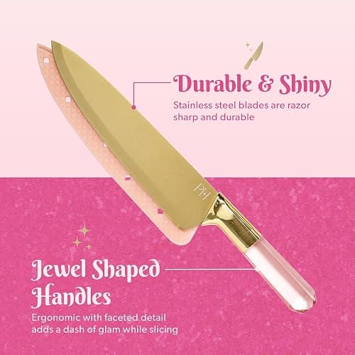 Paris Hilton Stainless Steel Knife Set with Jewel Shaped Handles and Gold Blades, Iconic Cutlery Set, 4-Piece, Pink thumbnail 4