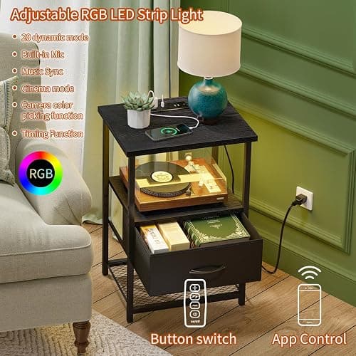 Fixwal Night Stand with Charging Station, LED Nightstand Side Table with Fabric Drawers PU Finish, End Tables Bedroom, Bedside Table, Black thumbnail 4